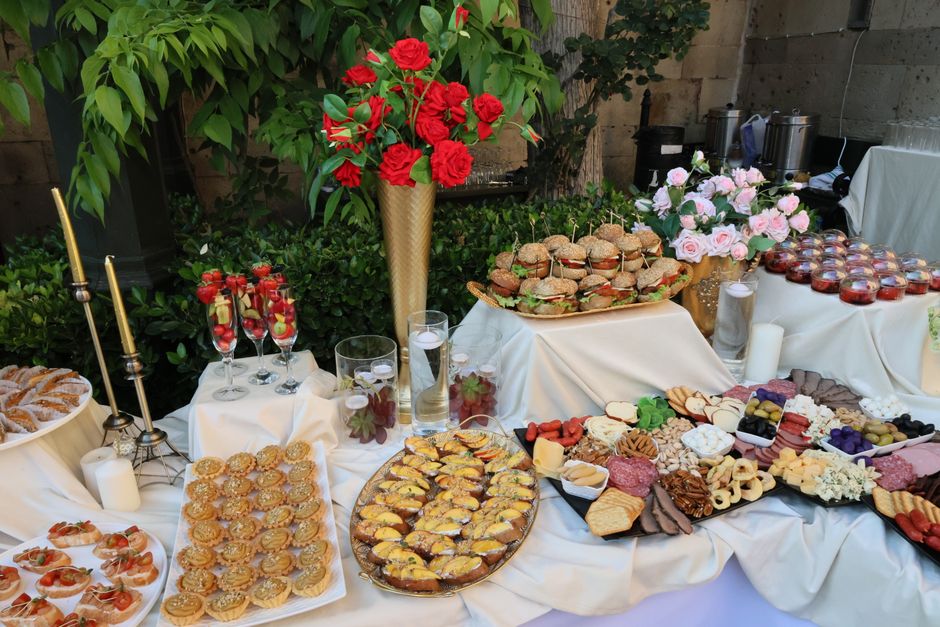 Elegant Italian catering buffet spread with fresh dishes